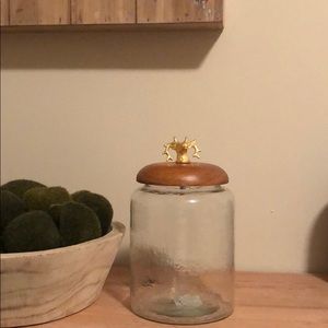 Glass canister with a wooden lid/gold deer head
